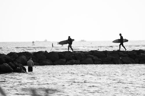 Surfers Carrying heir Surfboards on the Seawall