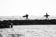 Grayscale Photo of People on Beach