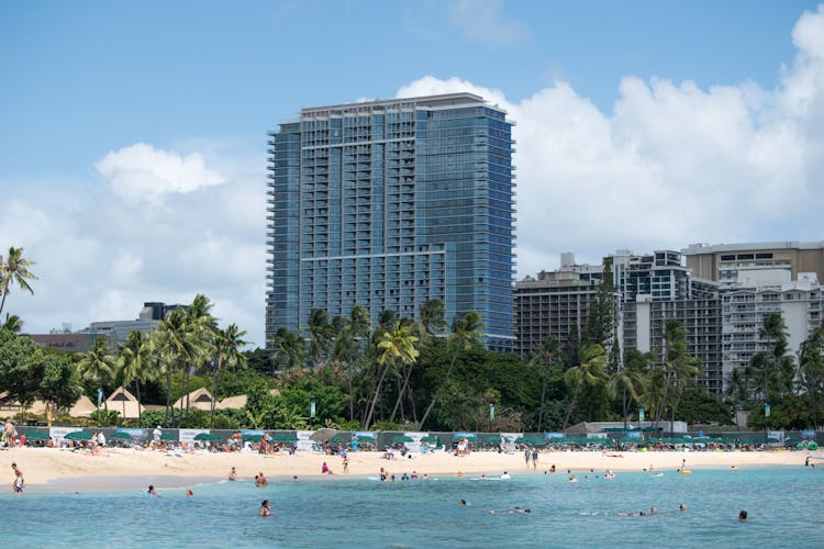 Hotel Oceanfront On A White Sand Beach On Waikiki, Honolulu In Hawaii 