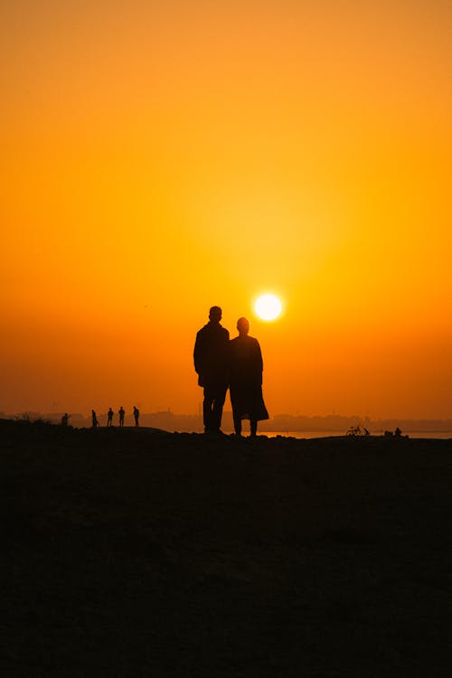 Silhouette of Couple Standing on the Shore During Sunset