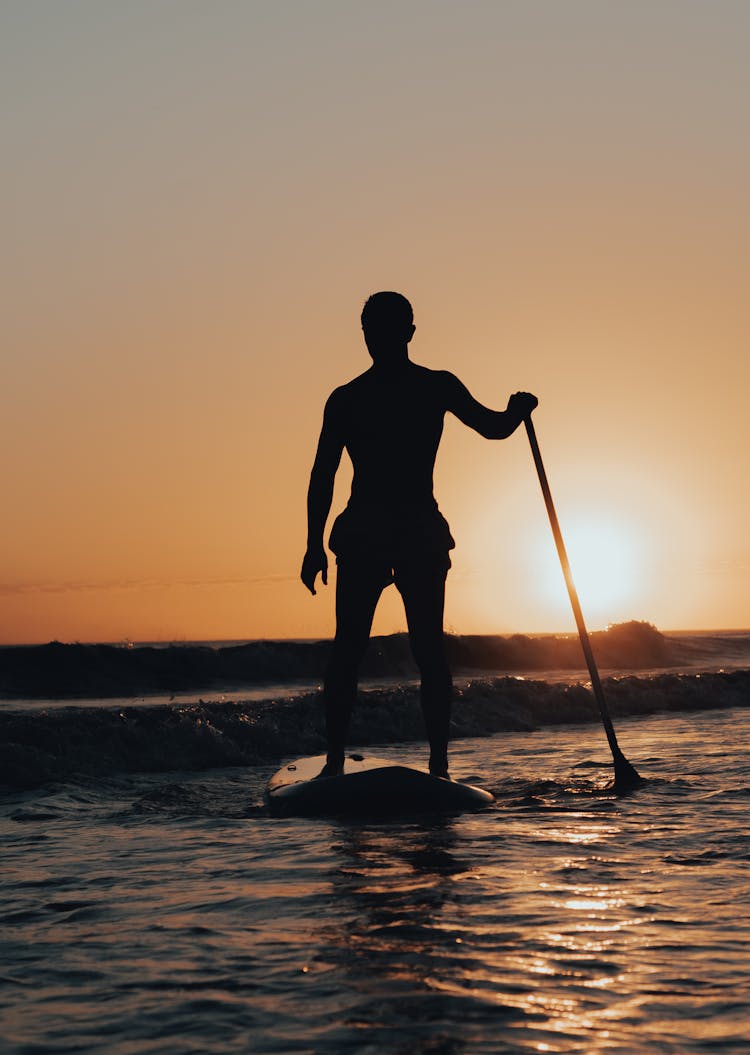 Silhouette Of Man Standing On Sup Board