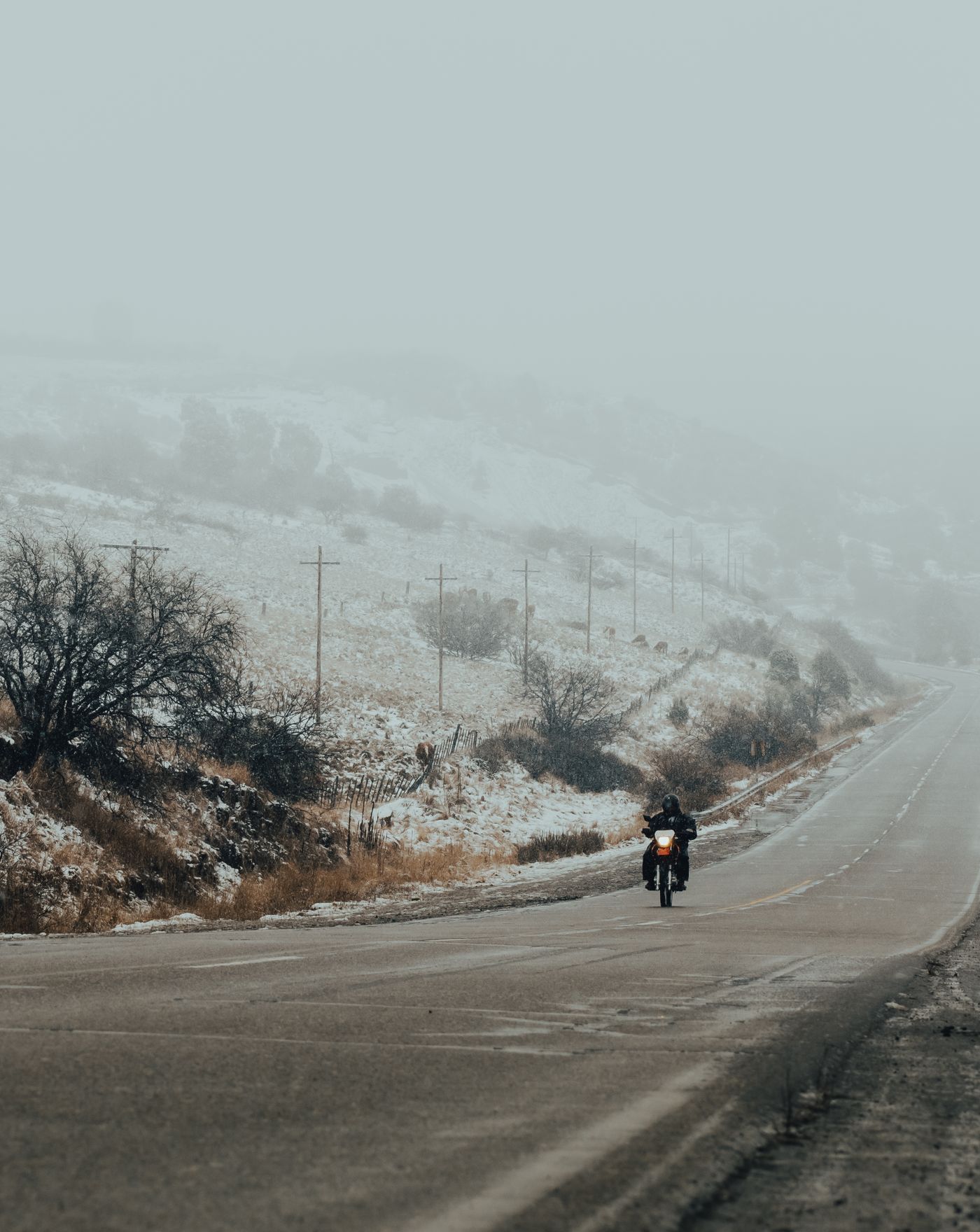 Motociclista com jaqueta pilotando no frio com segurança em estrada
