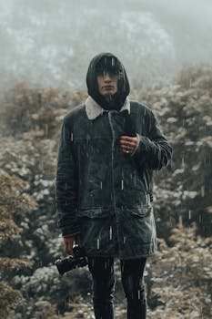 A man stands in rain holding a camera amidst a misty outdoor landscape.