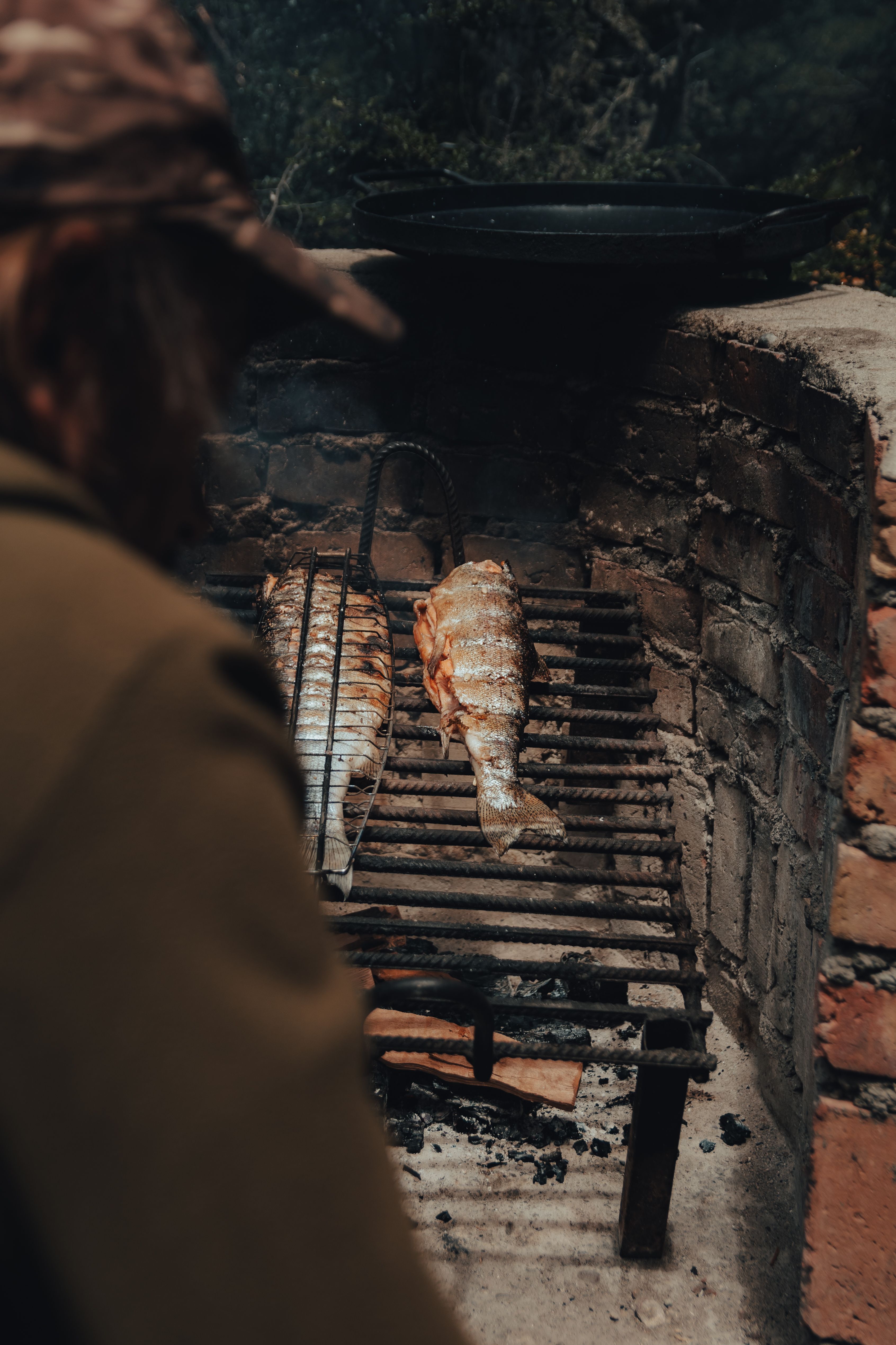 Outdoor grilling of fish on a rustic barbecue with a cozy atmosphere.