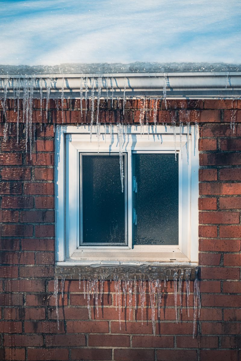 Brick house with ice and frozen water along the wall in winter
