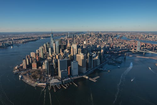 Aerial Footage of a Bay and Cityscape with Skyscrapers