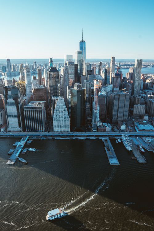 Free Stunning aerial view of New York City's Manhattan skyline with the waterfront in view. Stock Photo