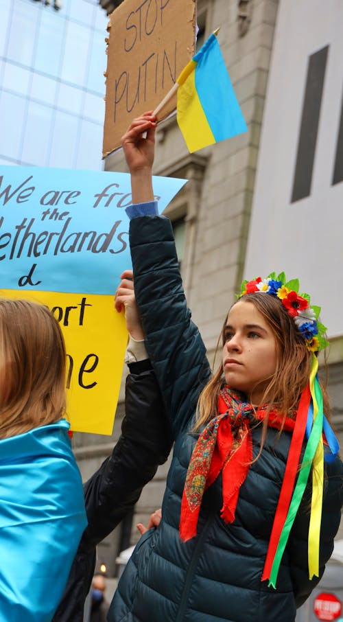 Woman with Ukrainian Flag a Protest