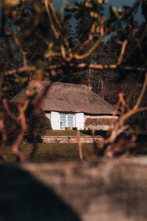 Free Picturesque thatched-roof cottage in a serene village setting, framed by foliage. Stock Photo