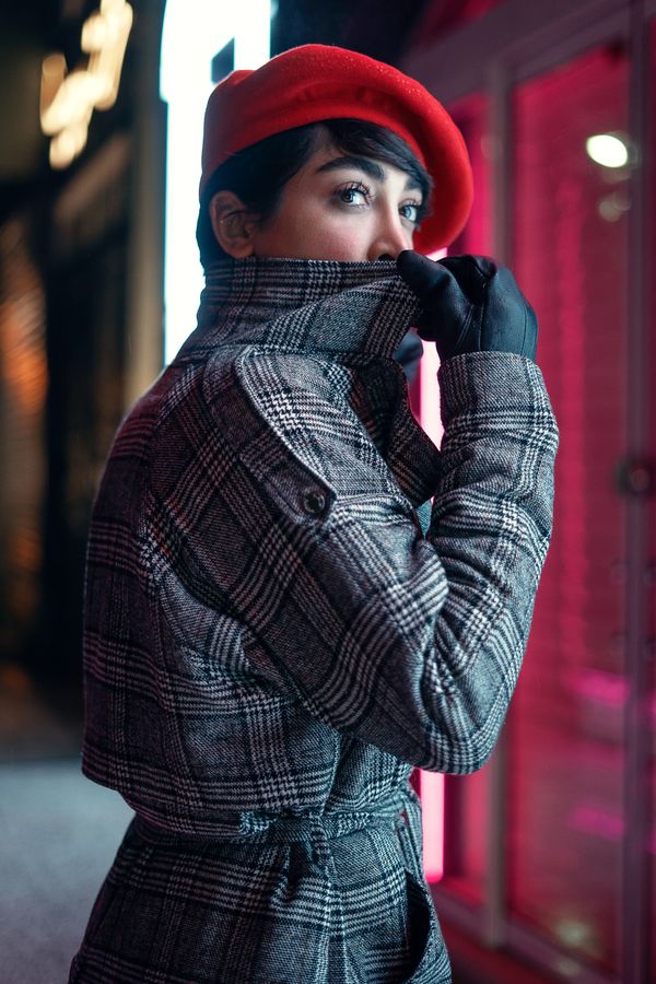 Plaid wool coat with jeans and white sneakers