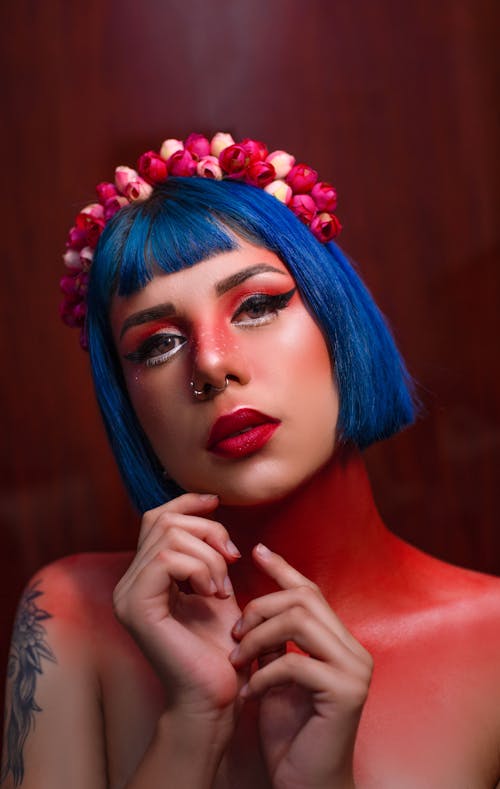 Free Woman With Blue Hair and Red Lipstick  Stock Photo