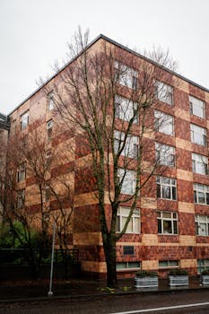 A modern urban building facade with leafless trees lining the street.