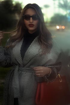 Fashionable woman in sunglasses and a checkered coat outdoors with a red bag.