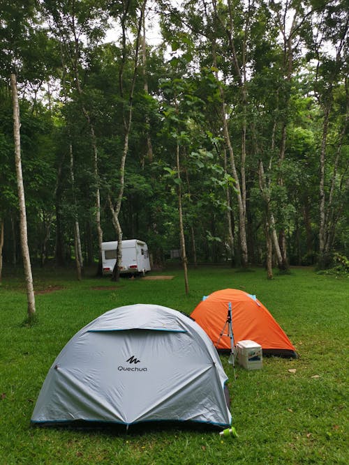 Camping Site with Two Tents on Green Grass Field