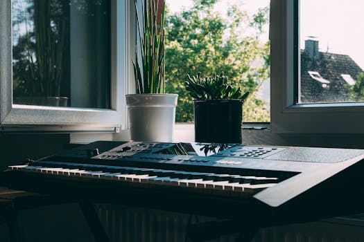 Electronic keyboard near window with potted plants and sunlight.