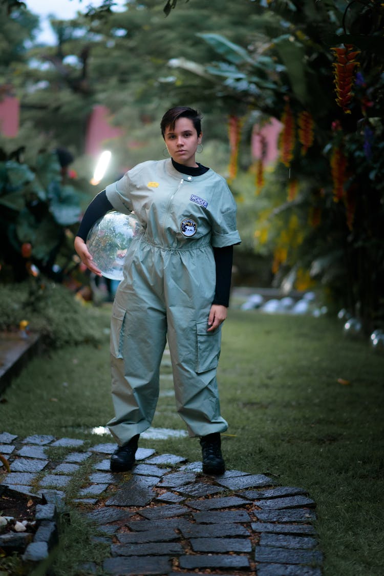 Girl In Khaki Suit For Outdoor Activity