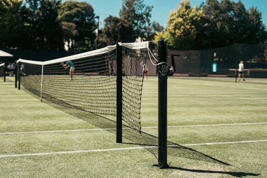 Detailed view of a tennis net on a sunny day at Toorak tennis court in Australia.