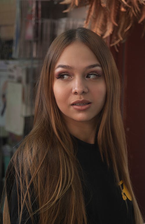 A Woman in Black Crew Neck Shirt