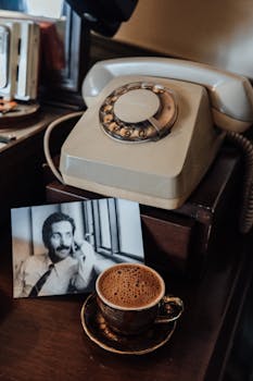 A nostalgic still life featuring a rotary phone, Turkish coffee, and a sepia-toned photo.