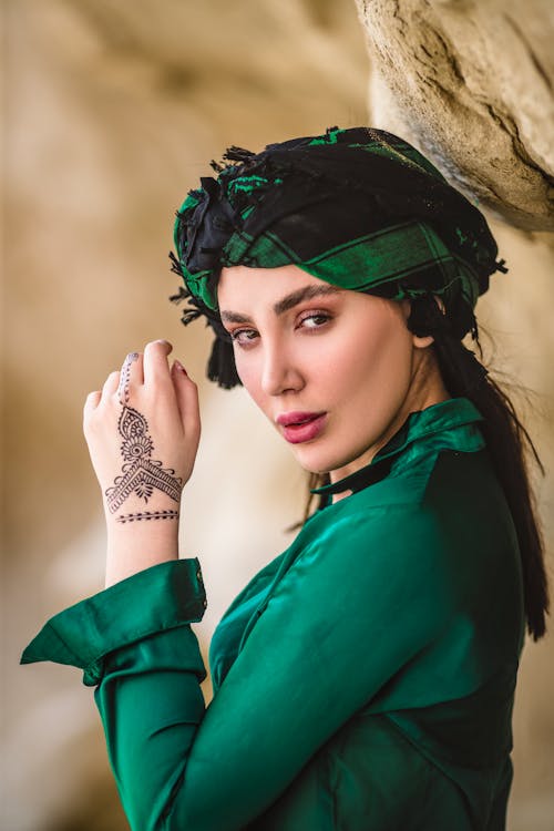 Elegant Woman Wearing Blouse and Headscarf