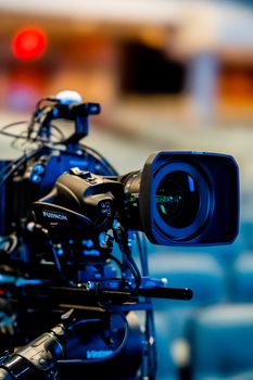 High-quality close-up of a professional video camera used in filming and broadcasting.