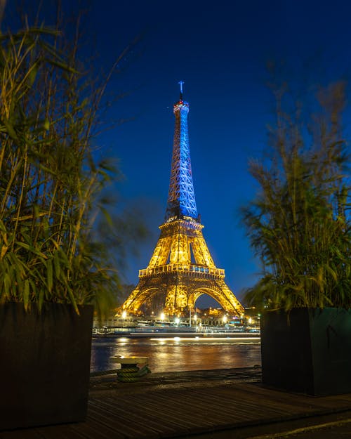Free Eiffel Tower with the colors of the Ukrainian flag Stock Photo