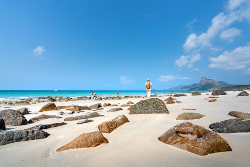 A Person Standing on the Rock Formation in the Beach Area