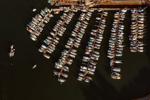 Free Drone view from above of docked boats in a docking area Stock Photo