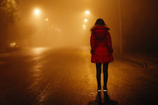 Back View Shot of a Person Wearing Winter Jacket while Standing on the Dark Road