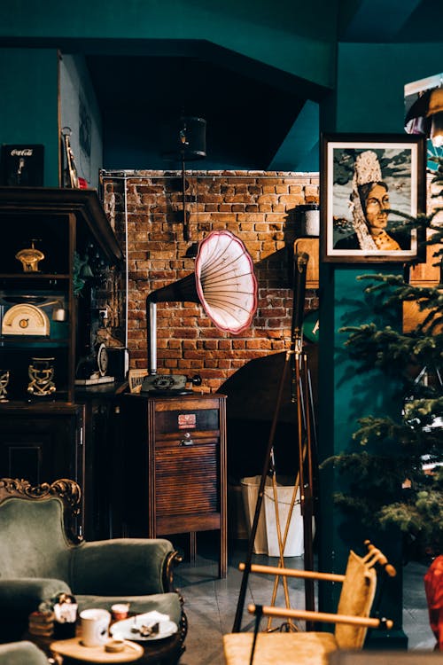 Antique Phonograph on a Wooden Side Table 