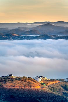 Stunning aerial shot of houses and rolling hills above a cloud sea during sunrise.