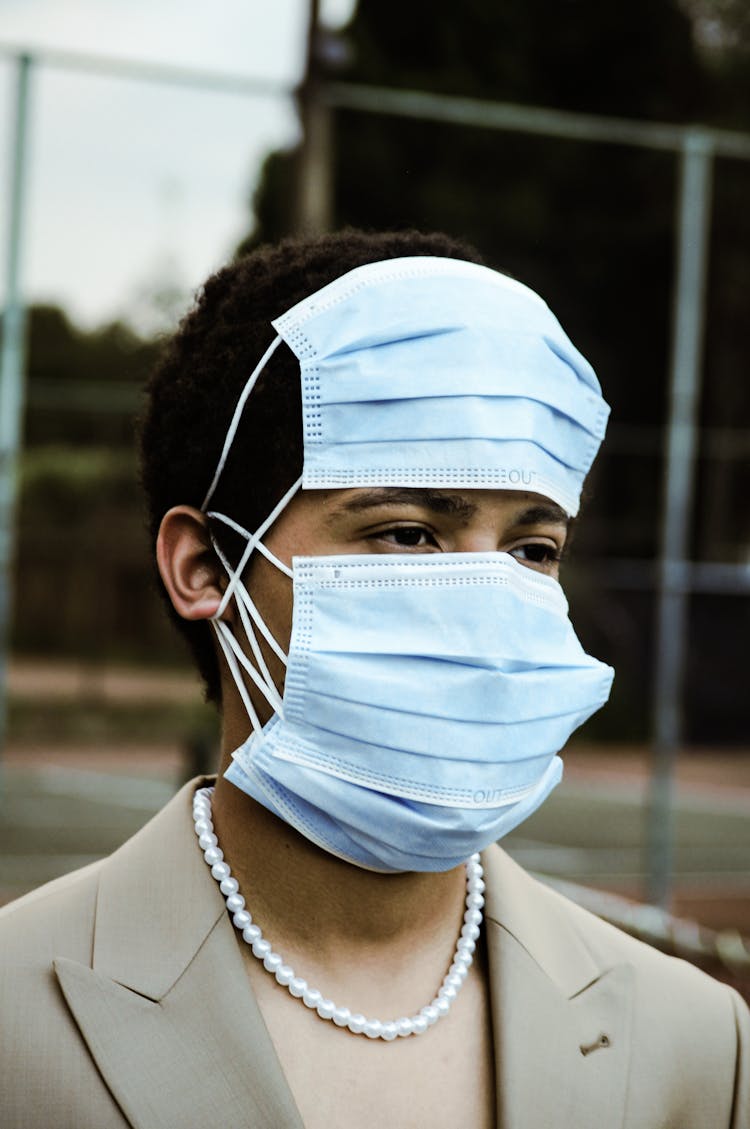 Unrecognizable Young Person In Three Masks On Face And Forehead