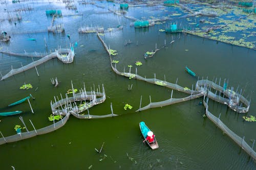 A Person Riding a Boat on a Fish Farm