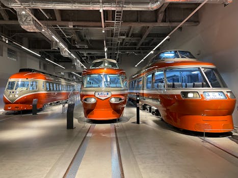 Exhibit of classic red and orange trains in Ebina City, Kanagawa, Japan.