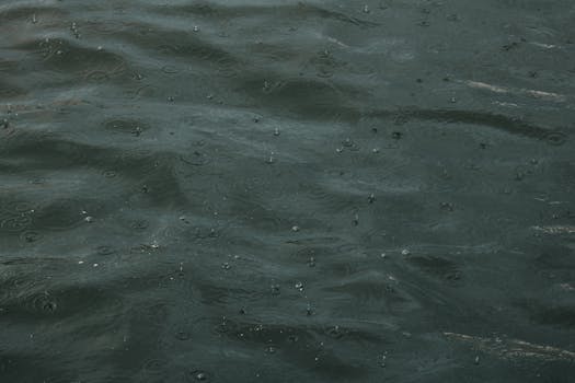 Close-up of raindrops causing ripples on a dark water surface.