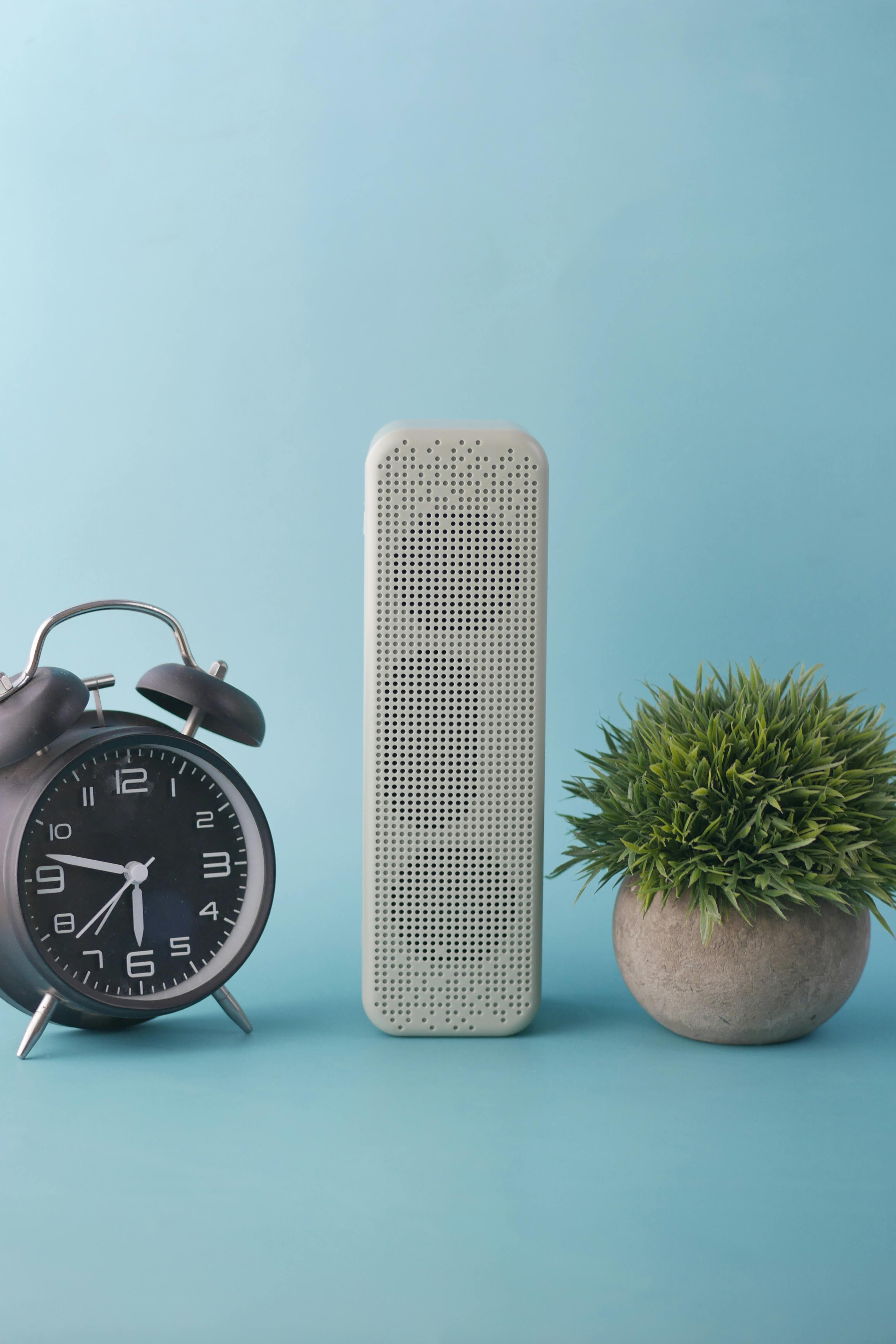 Vertical shot of an alarm clock, speaker, and potted plant on a blue background.