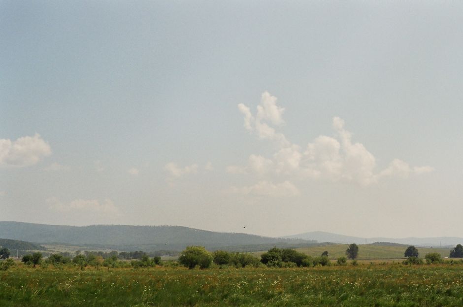 Tranquil summer landscape with green fields and cloudy sky in Buryatia, Russia.