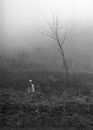 Grayscale Photo of Woman in White Dress Standing on Grass Field