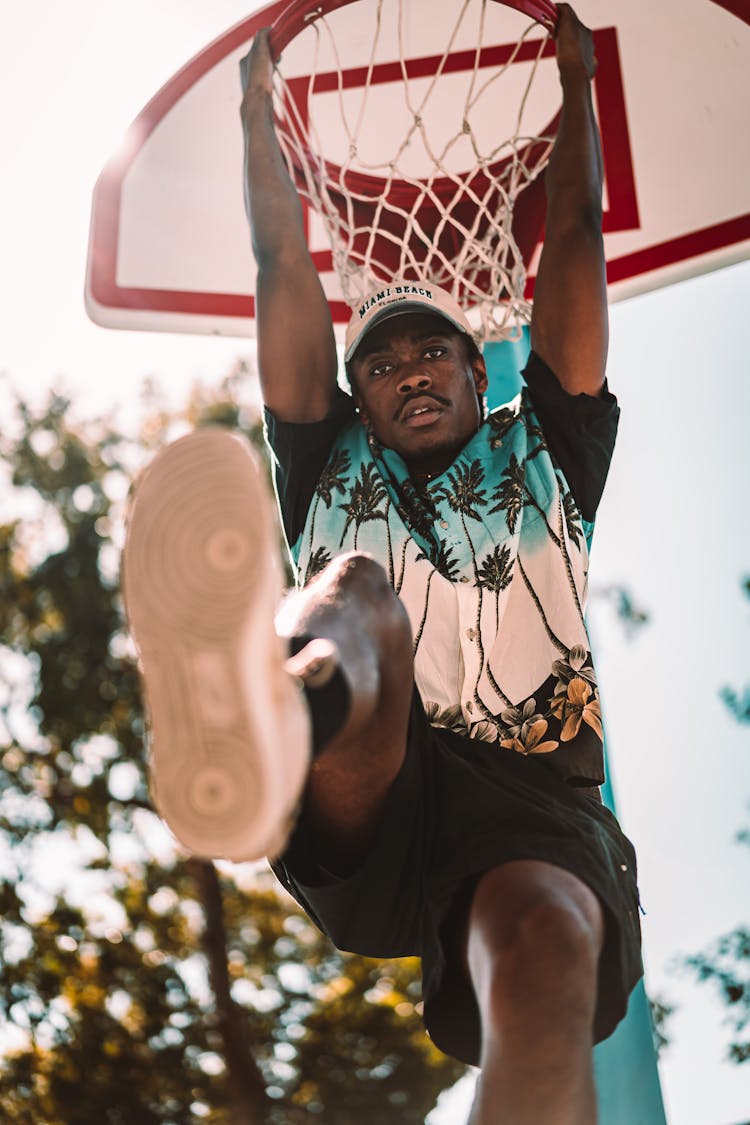 Man Swinging From Basketball Hoop