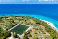 Aerial View of Green Field Near Body of Water