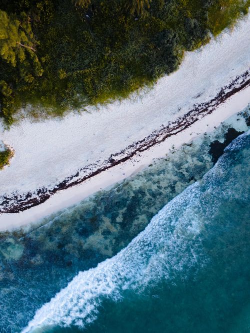 Free A breathtaking aerial shot of Tulum's beach with waves crashing on the shore. Stock Photo
