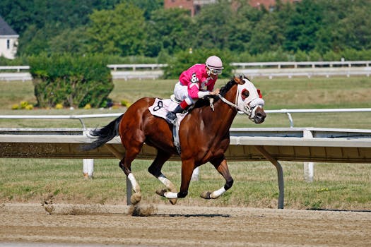 A thrilling horse race captured mid-action showing a jockey and horse in motion on the track.