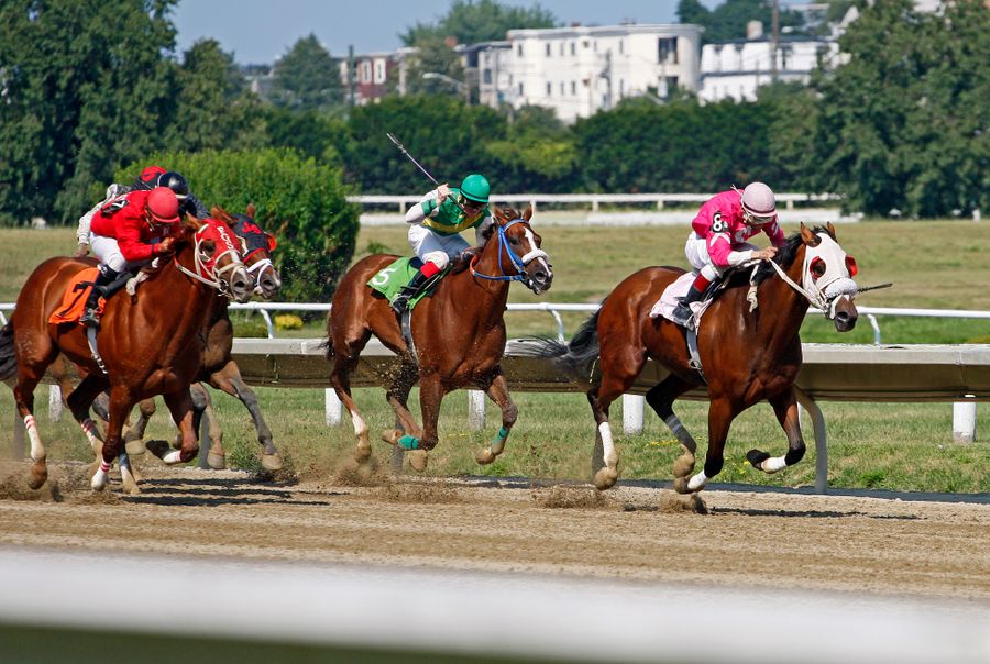 Jockeys racing horses on a track