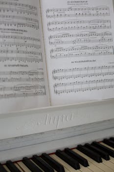 Close-up of piano keys and open sheet music, capturing musical elegance.