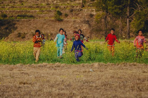 Group of Children playing on a Flower Field