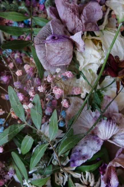 A close-up shot of an intricate arrangement of dried flowers and leaves showcasing an artistic aesthetic.