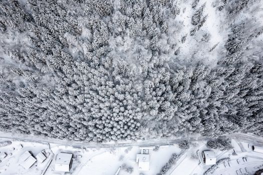 Stunning aerial shot of a snow-covered forest in Les Contamines-Montjoie, France.