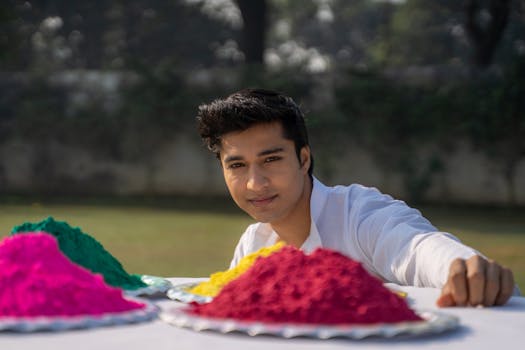 Young man enjoying Holi festival with colorful gulal powders outdoors.