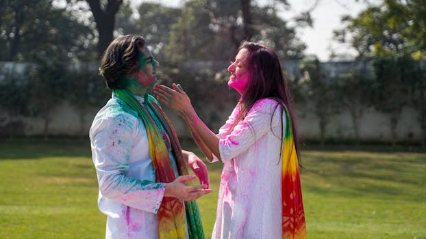 A couple celebrates Holi with colorful powder, enjoying an outdoor festival setting.