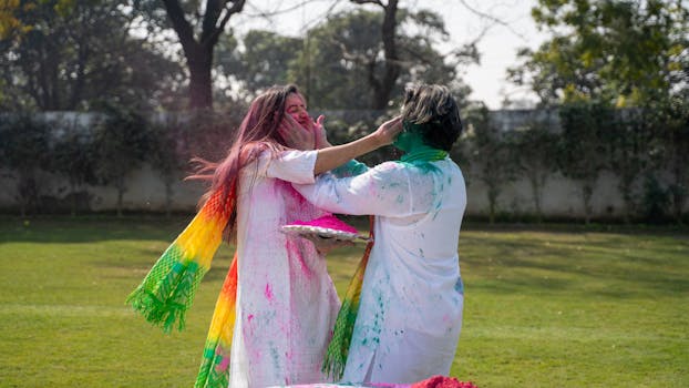 Vibrant Holi festival scene outdoors with a joyful couple enjoying colorful powder play.